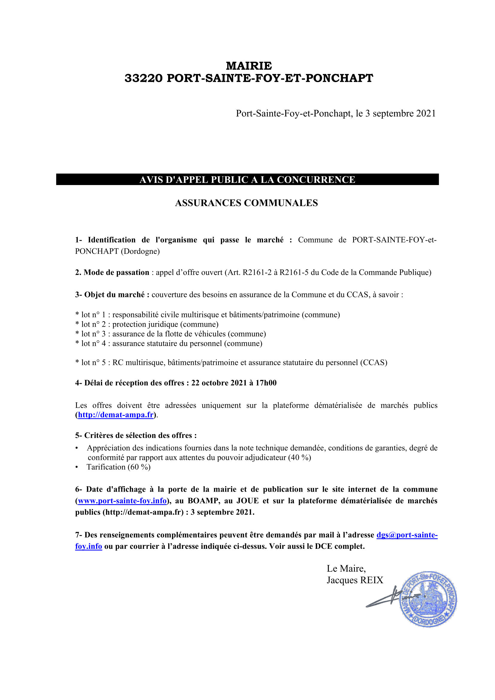 Avis d'appel public à la concurrence - assurances communales 2021