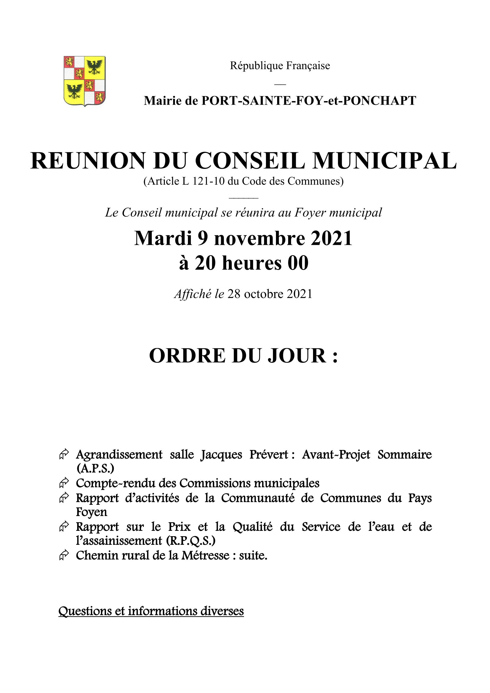 Ordre du jour du Conseil Municipal du 9 novembre 2021
