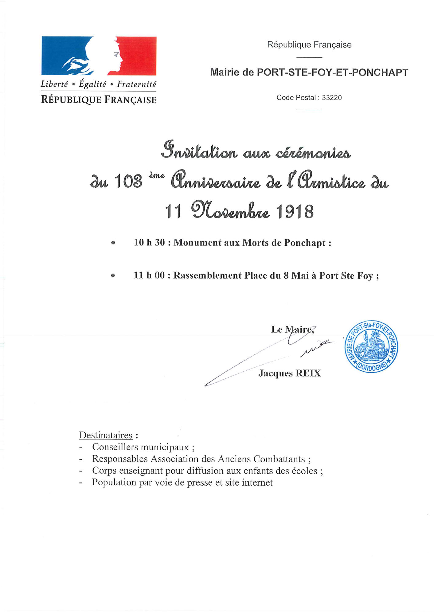 2021 - Invitation aux cérémonies du 103ème Anniversaire de l'Armistice du 11 Novembre 2018