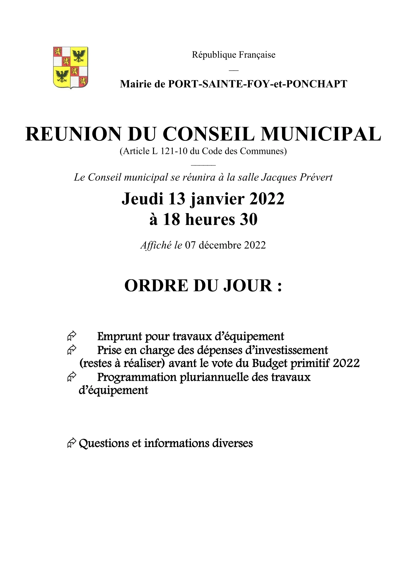 Ordre du jour du Conseil Municipal du 13 janvier 2022