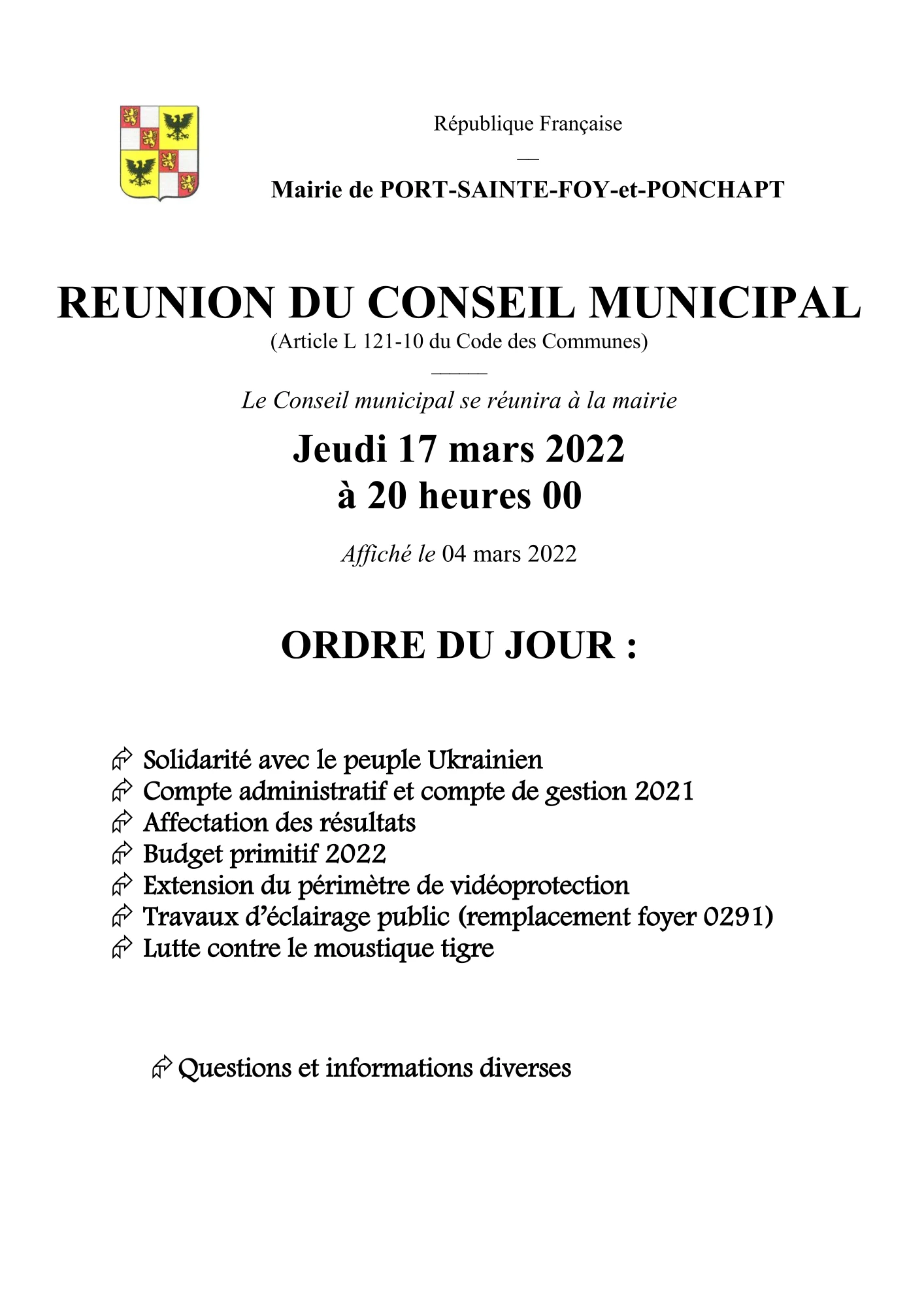 Ordre du jour du Conseil Municipal du 13 janvier 2022