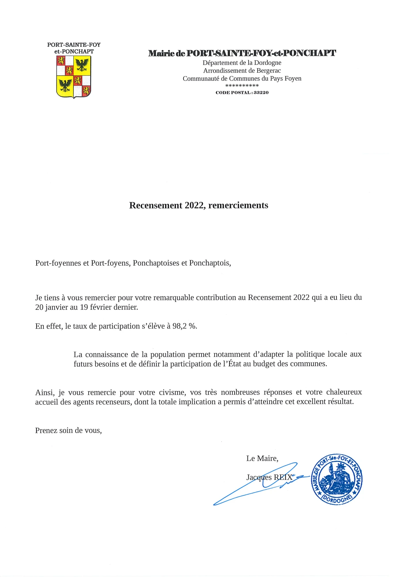 Recensement 2022, remerciements