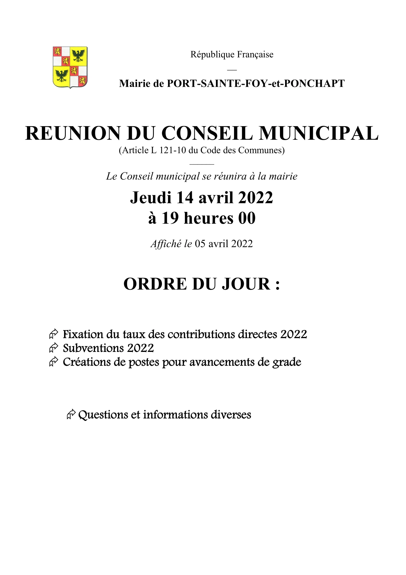 Ordre du jour du Conseil Municipal du 14 avril 2022