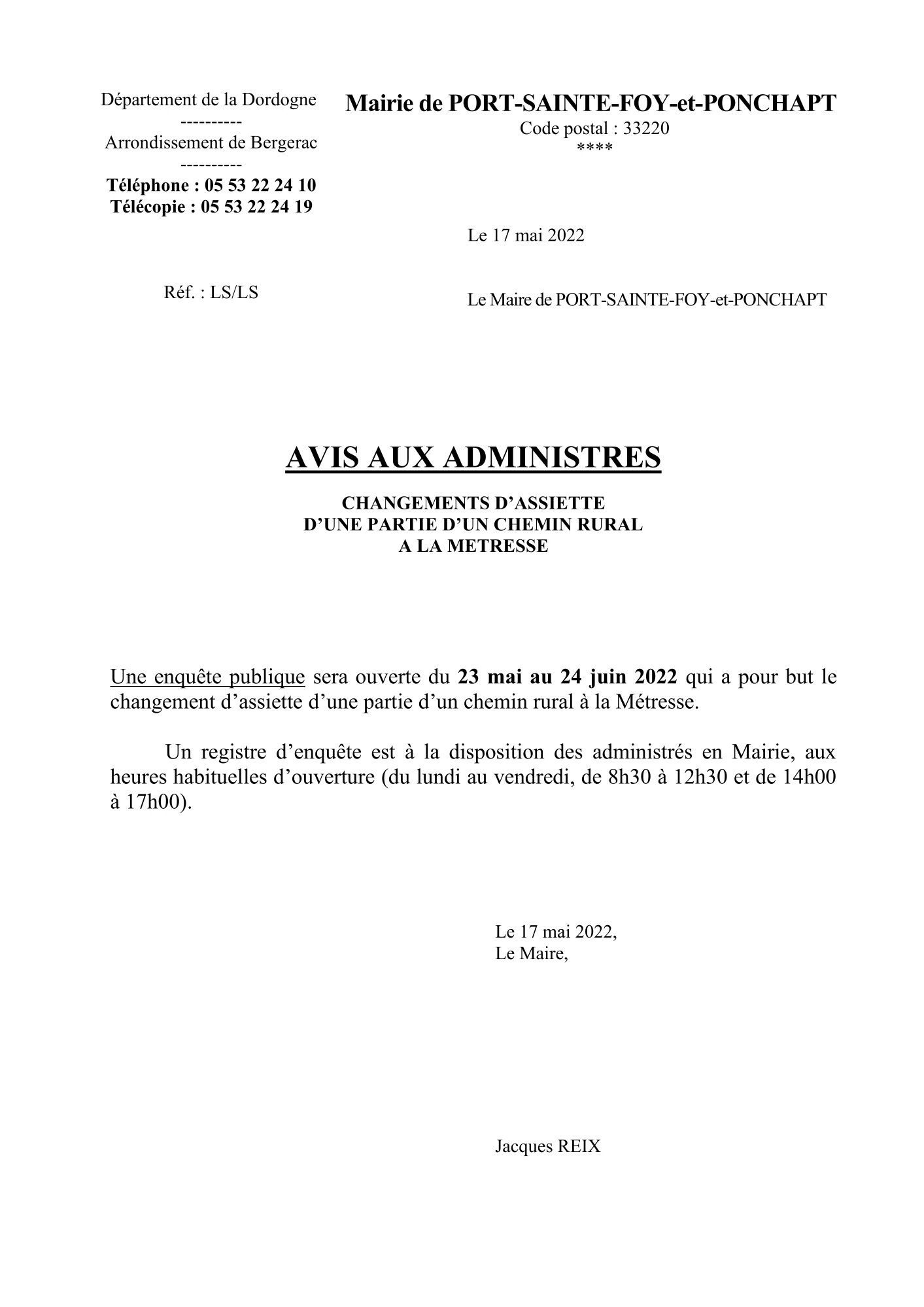 202205 - Avis aux administrés, changement d'assiette d'une partie d'un chemin rural à la Métresse