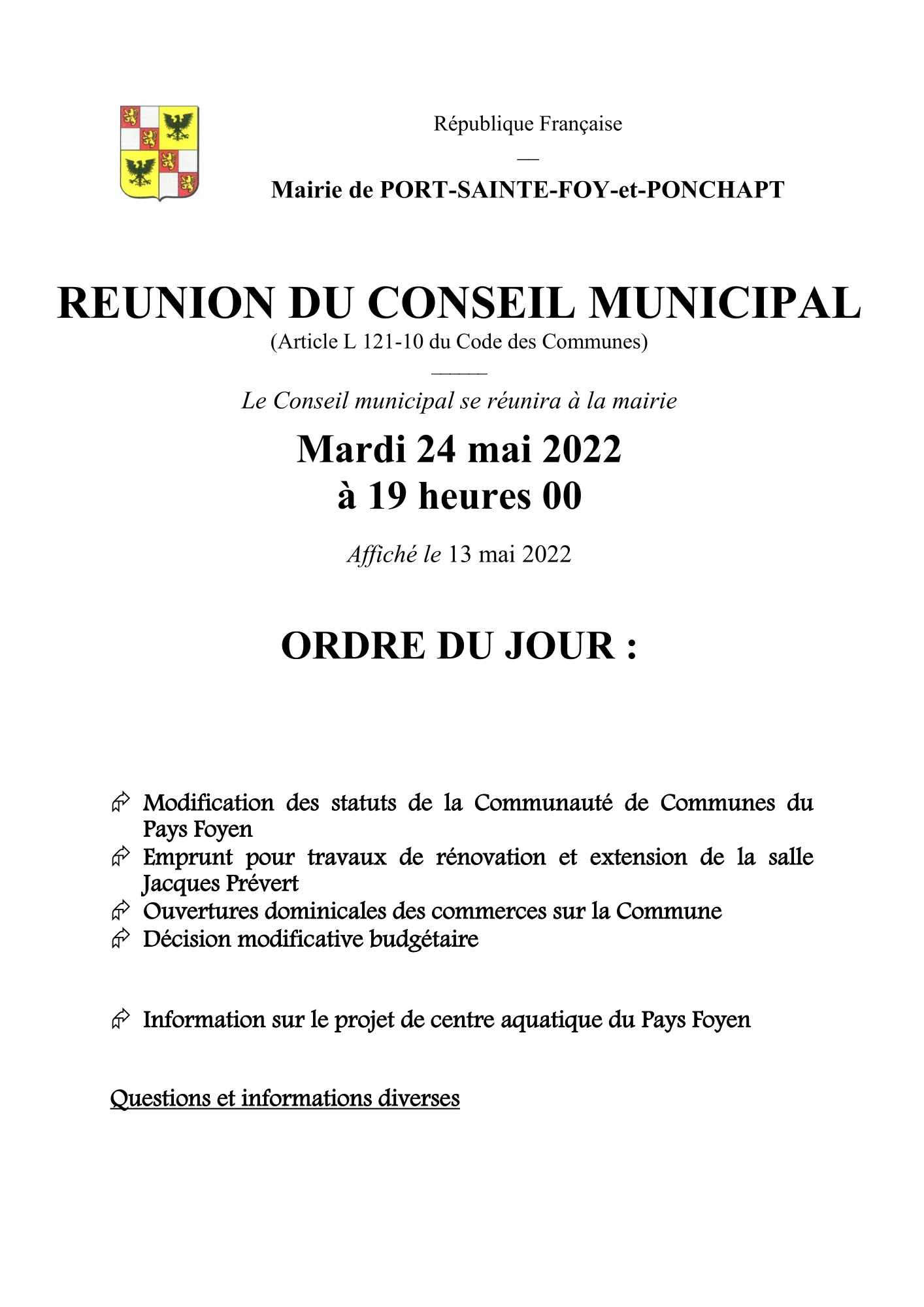 Ordre du jour du Conseil Municipal du 24 mai 2022