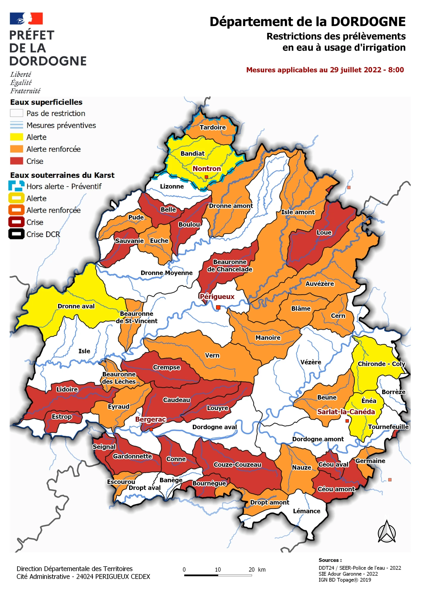 carte de restriction de prélèvements d'eau (29/07/2022)