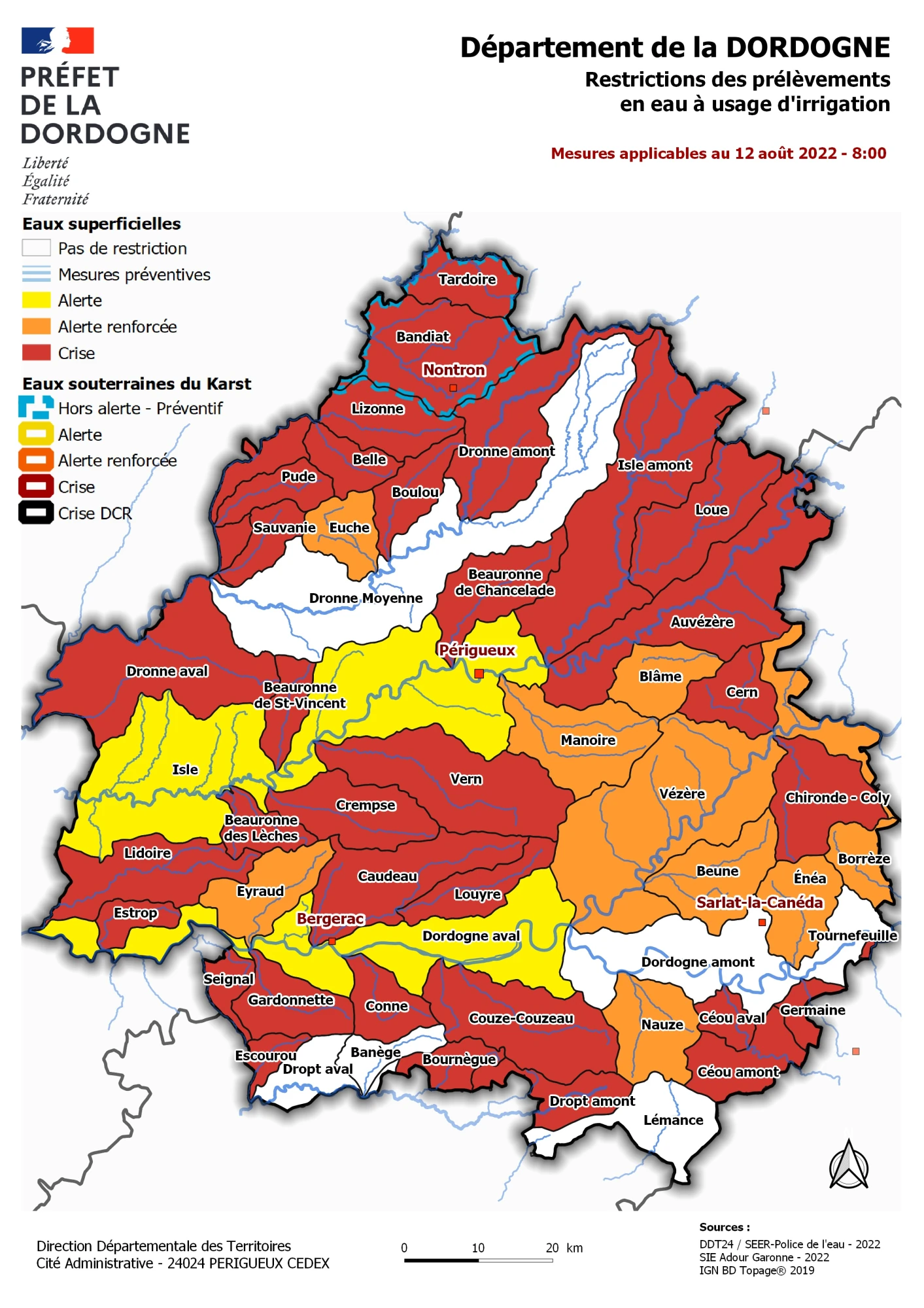 Carte de restriction de prélèvements d'eau 20220812