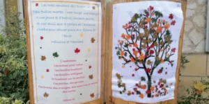 Sculpture devant la bibliothèque décorée par les enfants