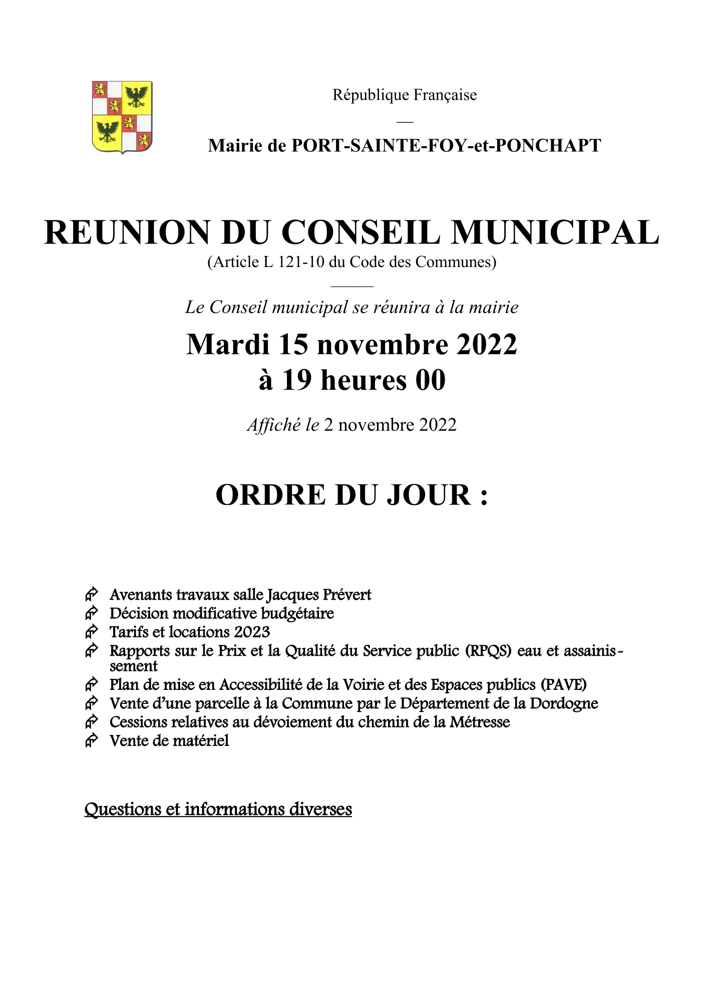 Ordre du jour du Conseil Municipal du 15 novembre 2022