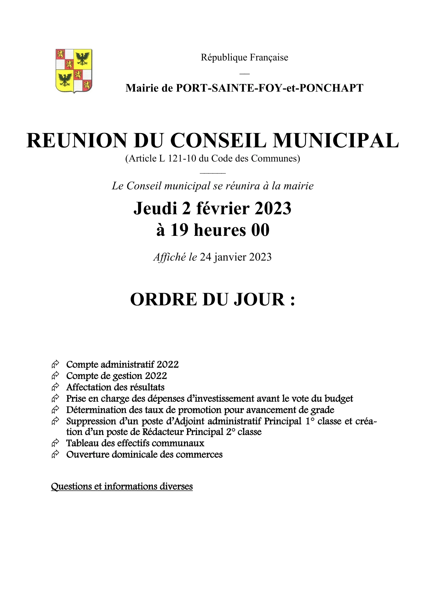 Ordre du jour du Conseil Municipal du 2 février 2023