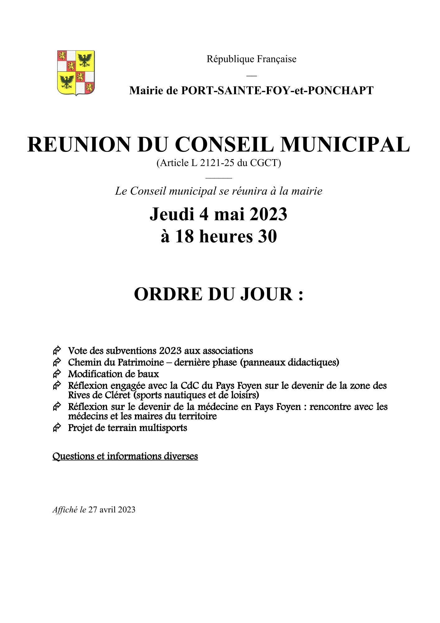 Ordre du jour du Conseil Municipal du 4 mai 2023