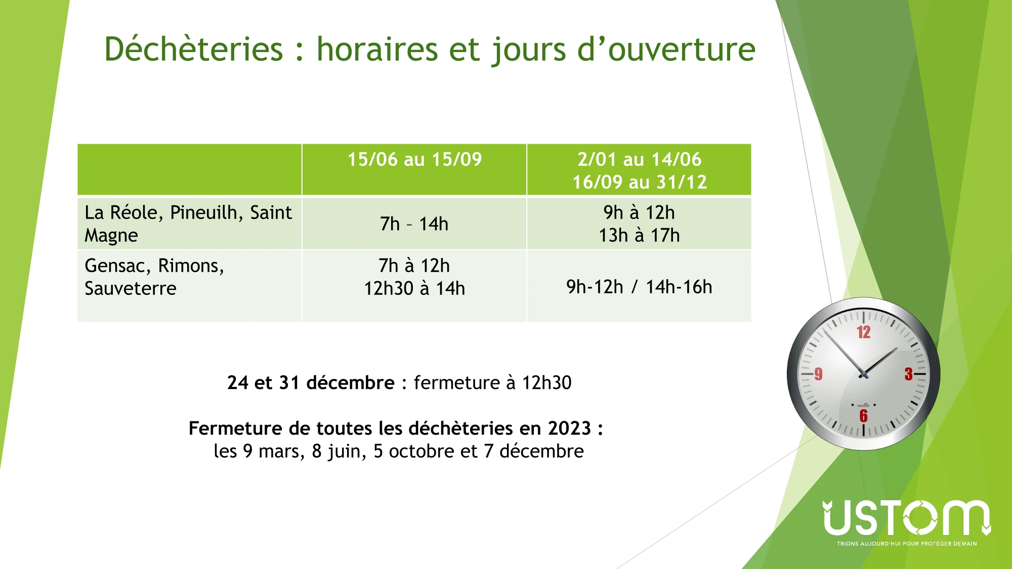 USTOM - Jours d'ouverture & Horaires Déchèteries