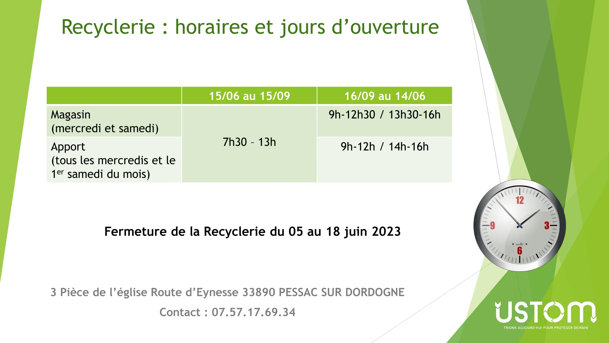 USTOM - Jours d'ouverture & Horaires Recyclerie
