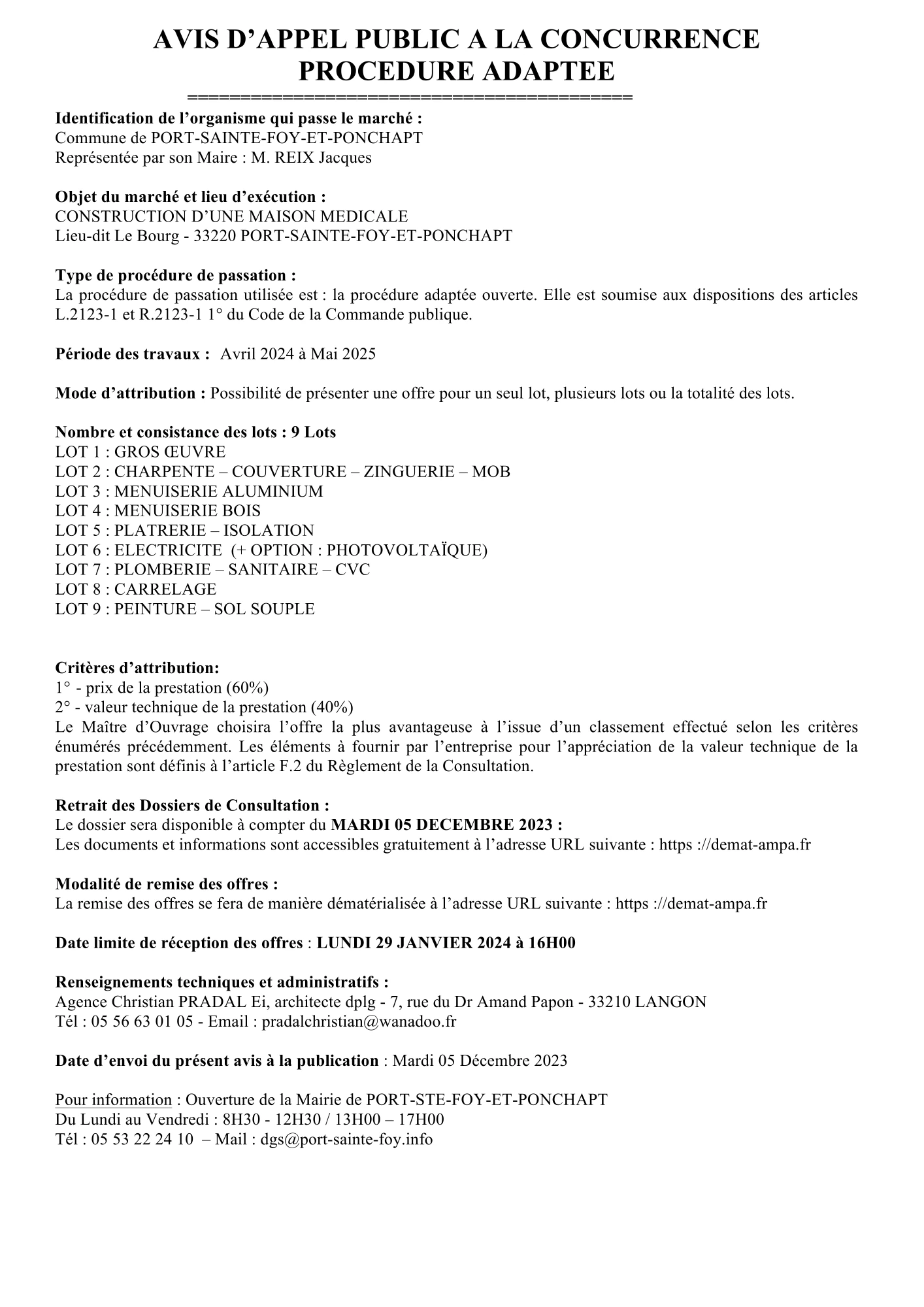 Avis de marché public pour la construction d'une maison médicale