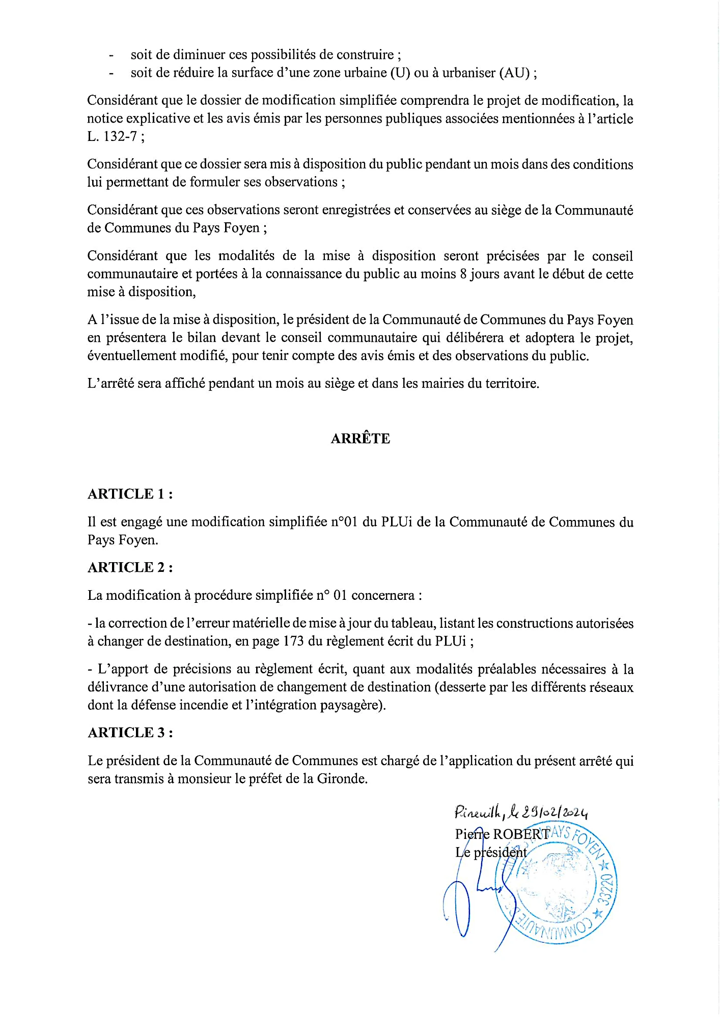 AR-URBA-33-324-2024-55 Arrêté Modification simplifiée PLUi 202402 page 2