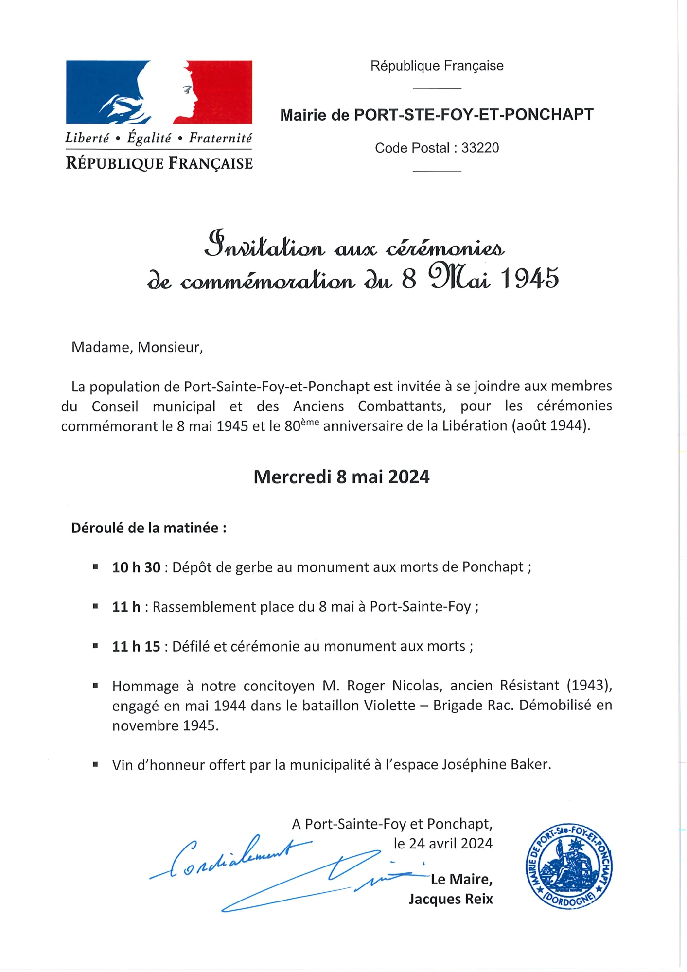 [08-05] Invitation aux cérémonies de commémoration du 8 Mai 1945