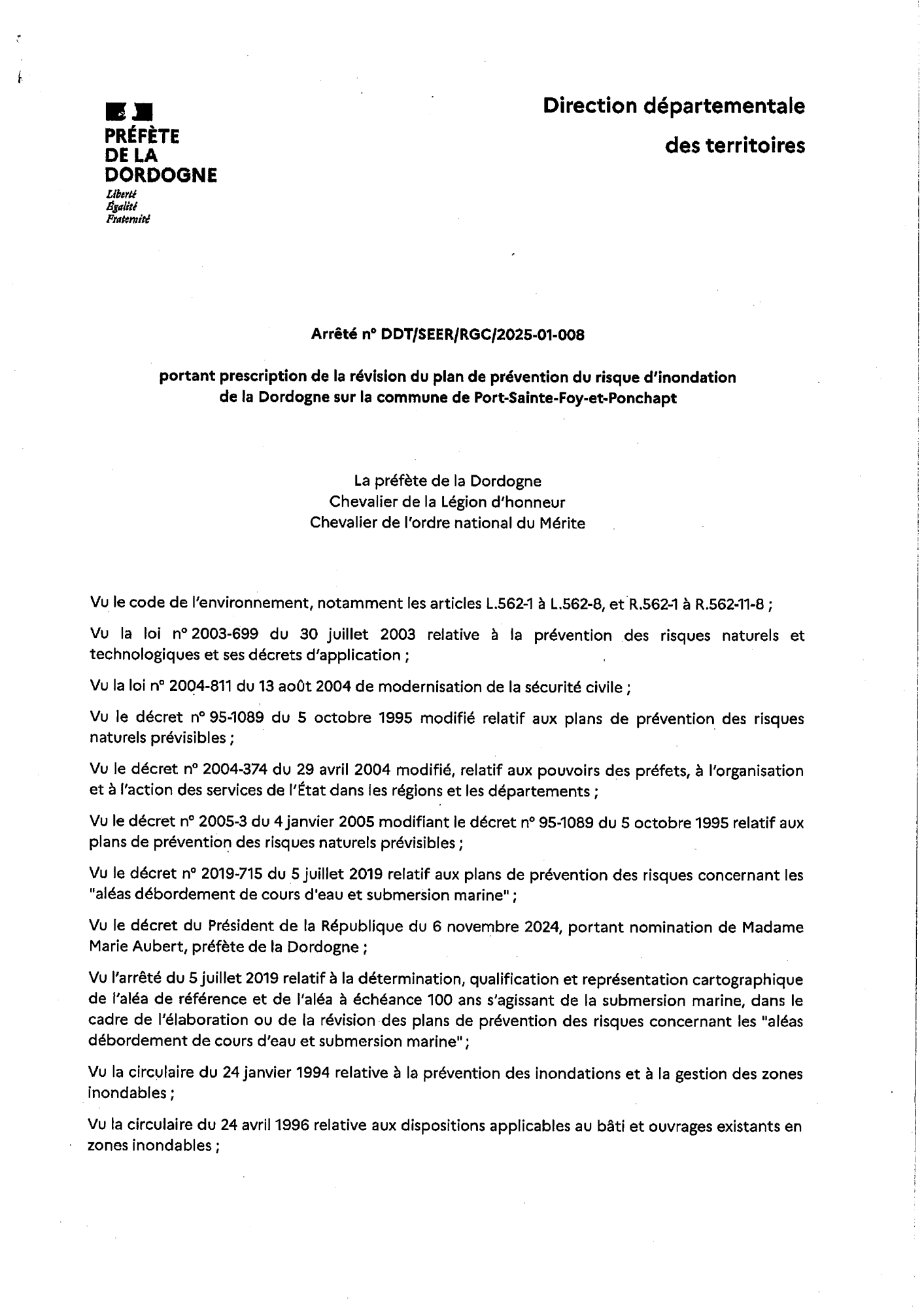 Arrêté n° DDT-SEER-RGC-2025-01-008