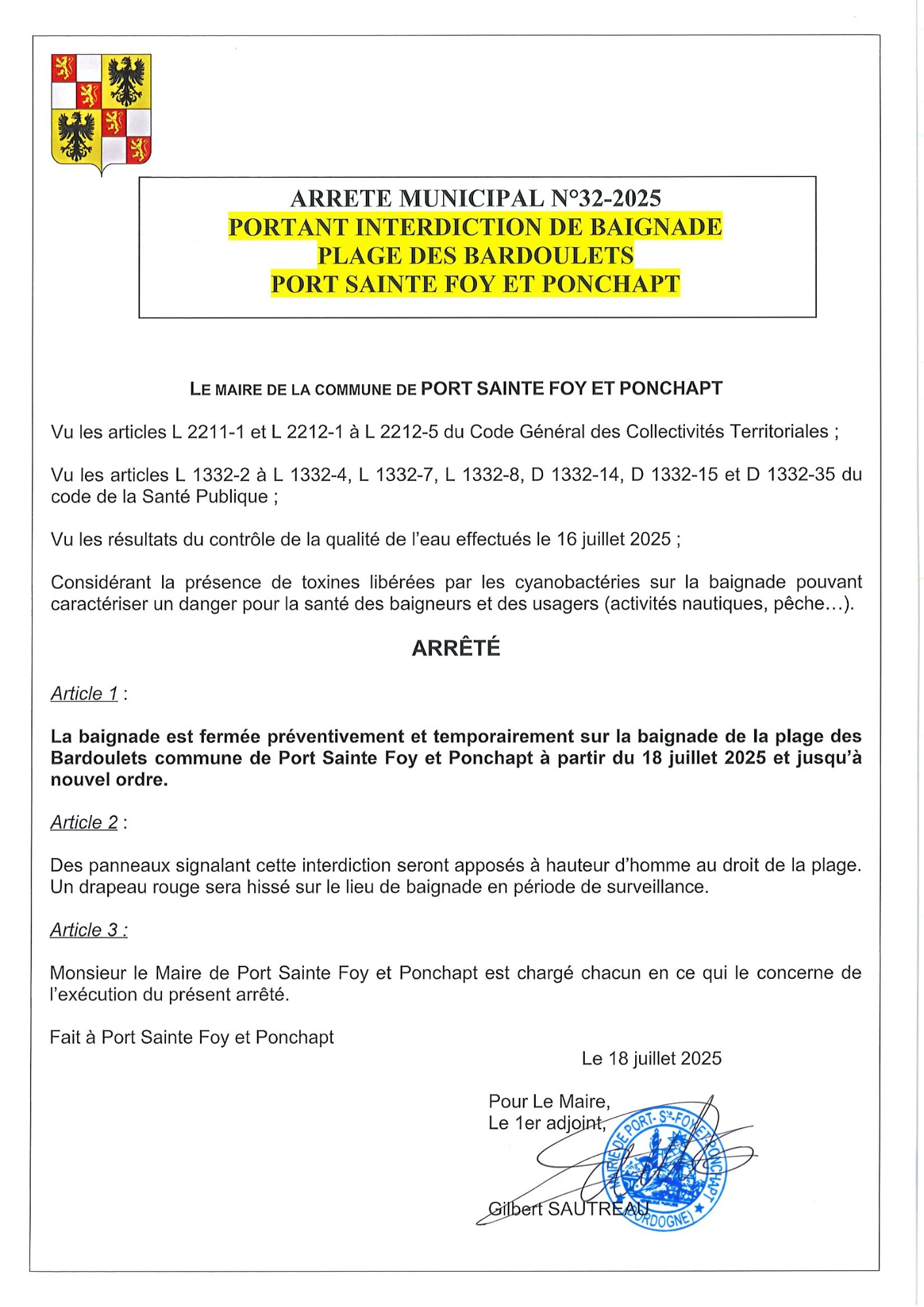 Baignade interdite 20250718 - Arrêté
