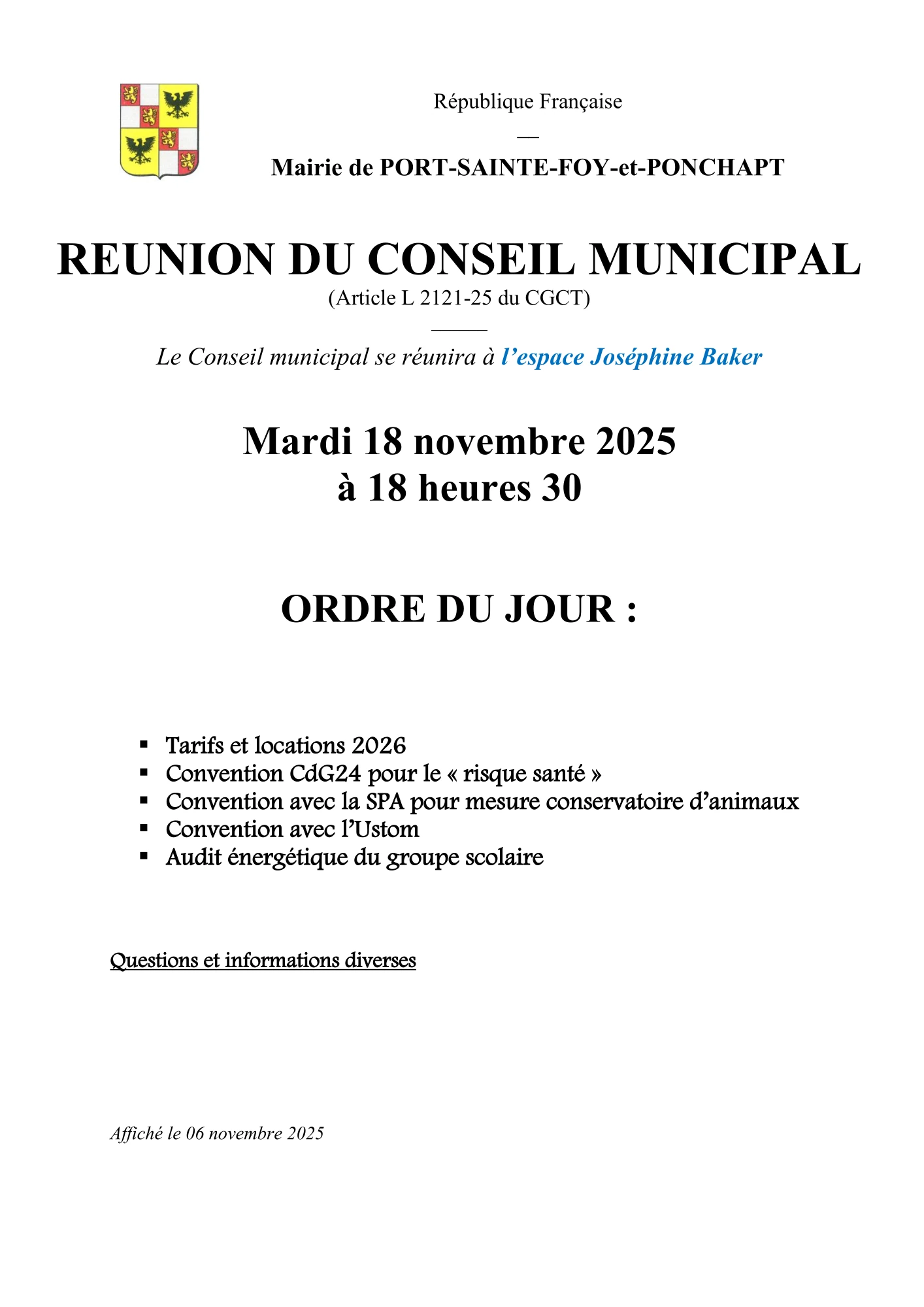Ordre du jour du Conseil Municipal