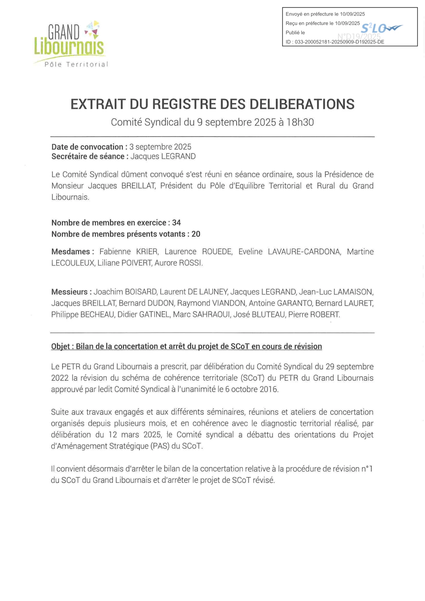 Délibération du 9 septembre 2025 arrêtant le projet du SCoT du Grand Libournais