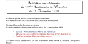 Invitation aux cérémonies du 107ème Anniversaire de l’Armistice du 11 Novembre 1918