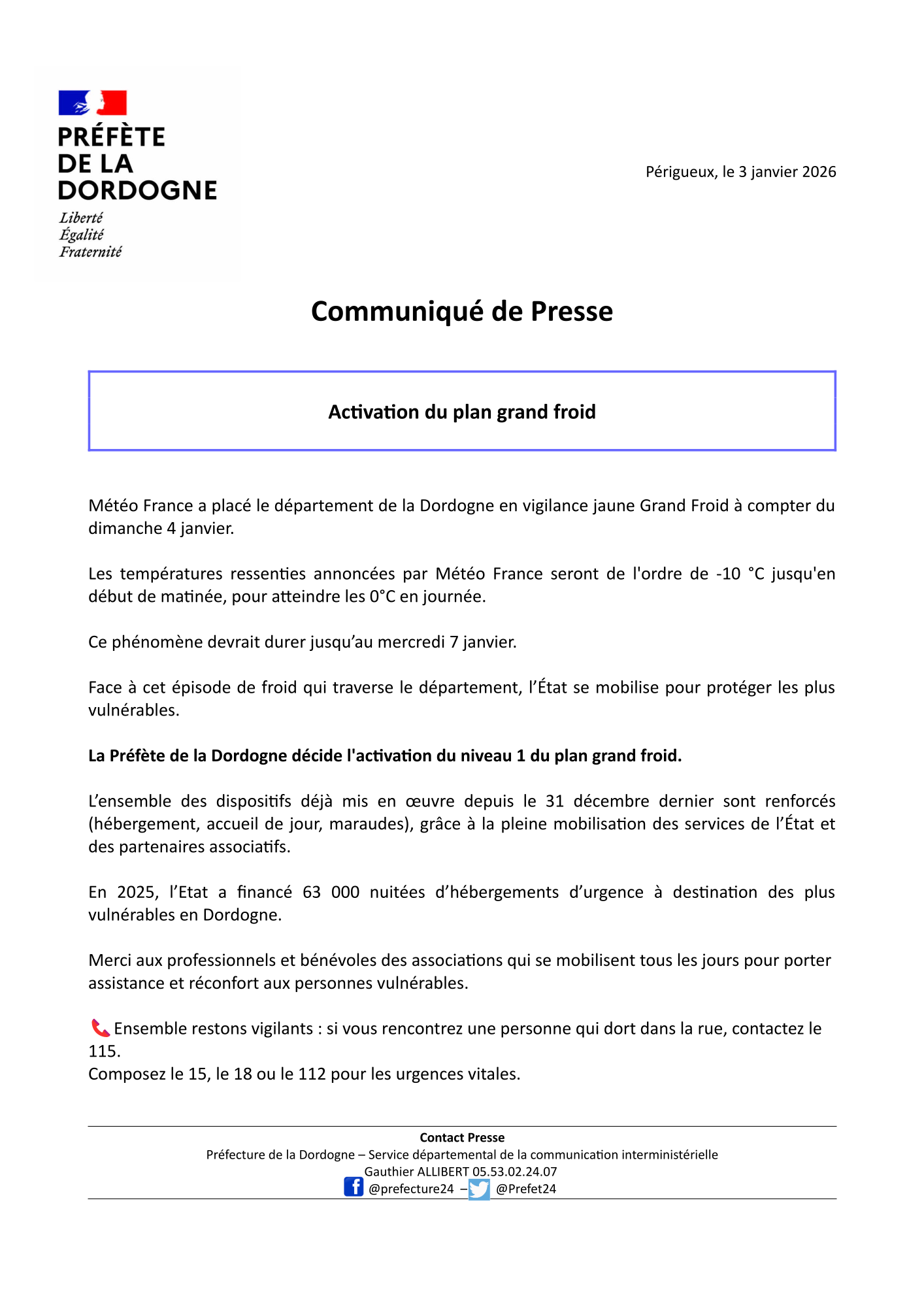 [Préfète de la Dordogne] Communiqué de Presse - Activation du plan grand froid