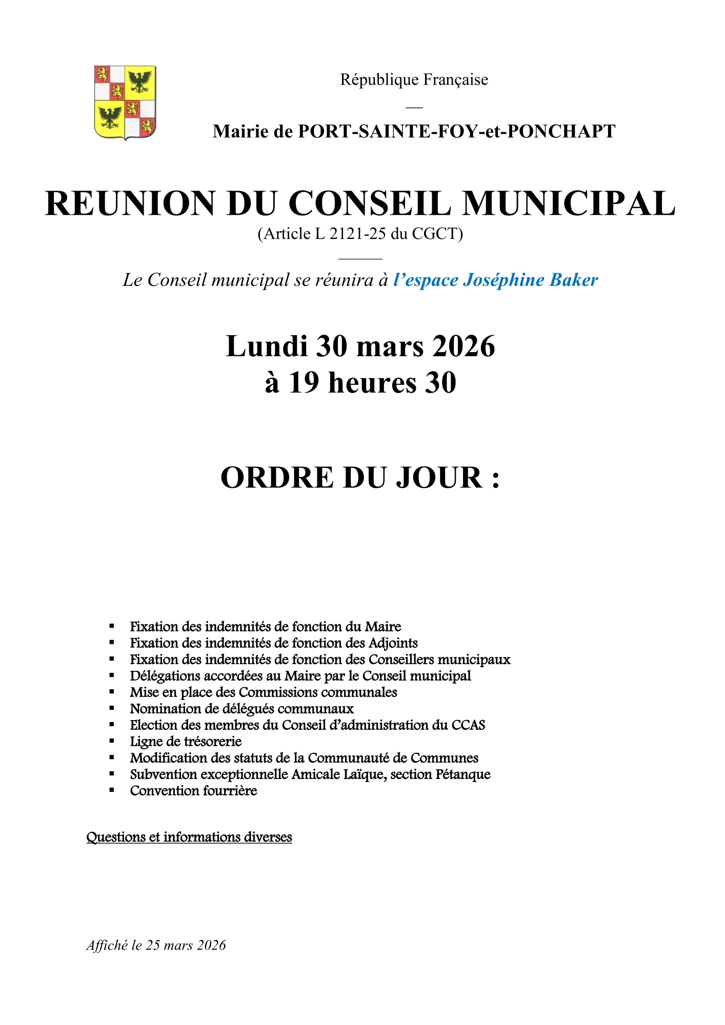 Ordre du jour du Conseil Municipal