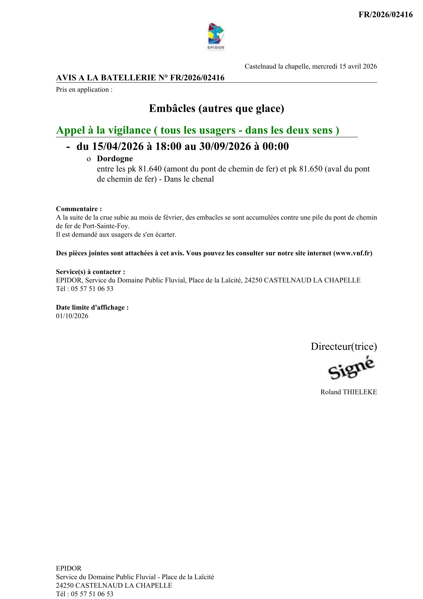 [Embâcles] Avis à la batellerie n°FR-2026-02416 #1