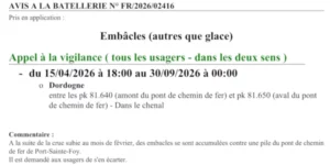 [Embâcles] Avis à la batellerie n°FR-2026-02416