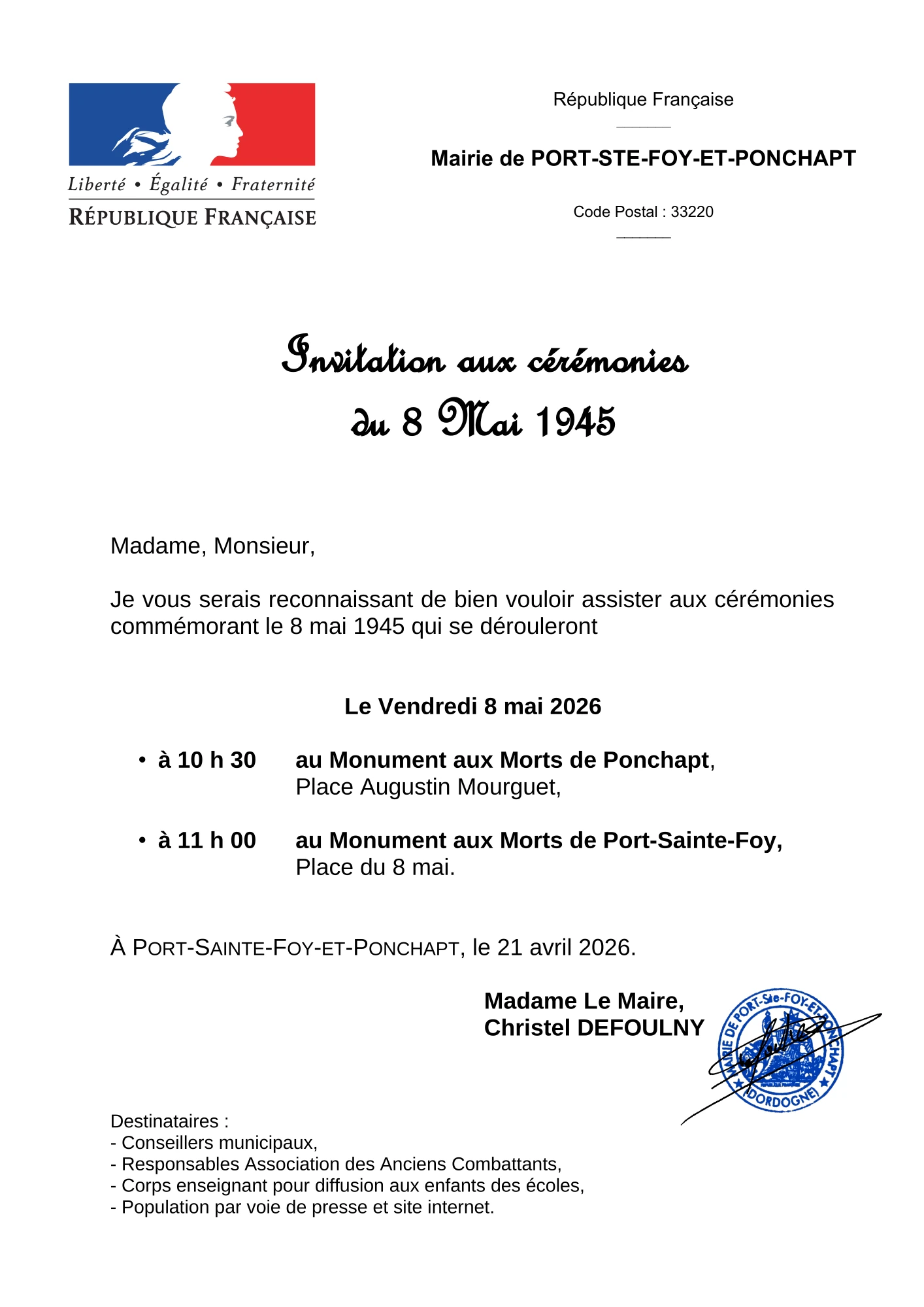 [08-05] Invitation aux cérémonies de commémoration du 8 Mai 1945