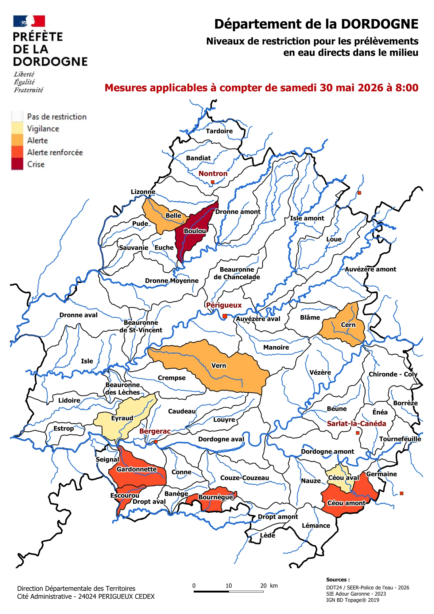 Carte des restrictions d'eau par zone - Arrêté préfectoral 28 mai 2026
