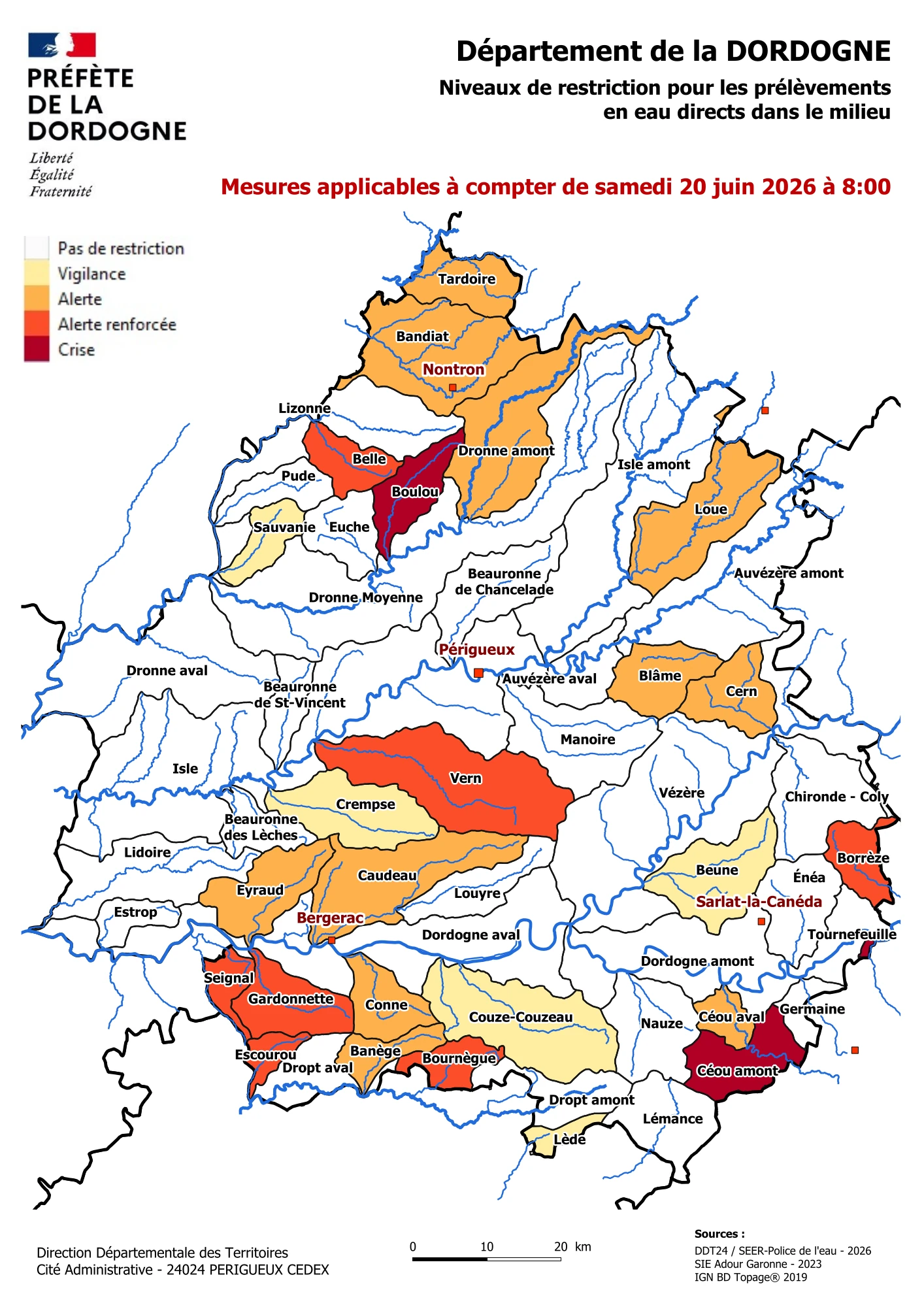 Carte des restrictions d'eau par zone - Arrêté préfectoral 18 juin 2026