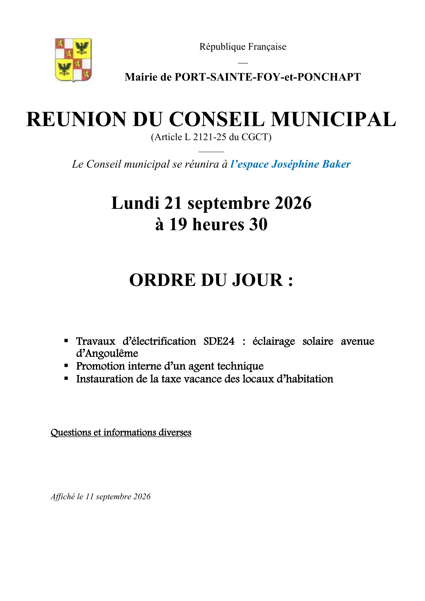 Ordre du jour du Conseil Municipal