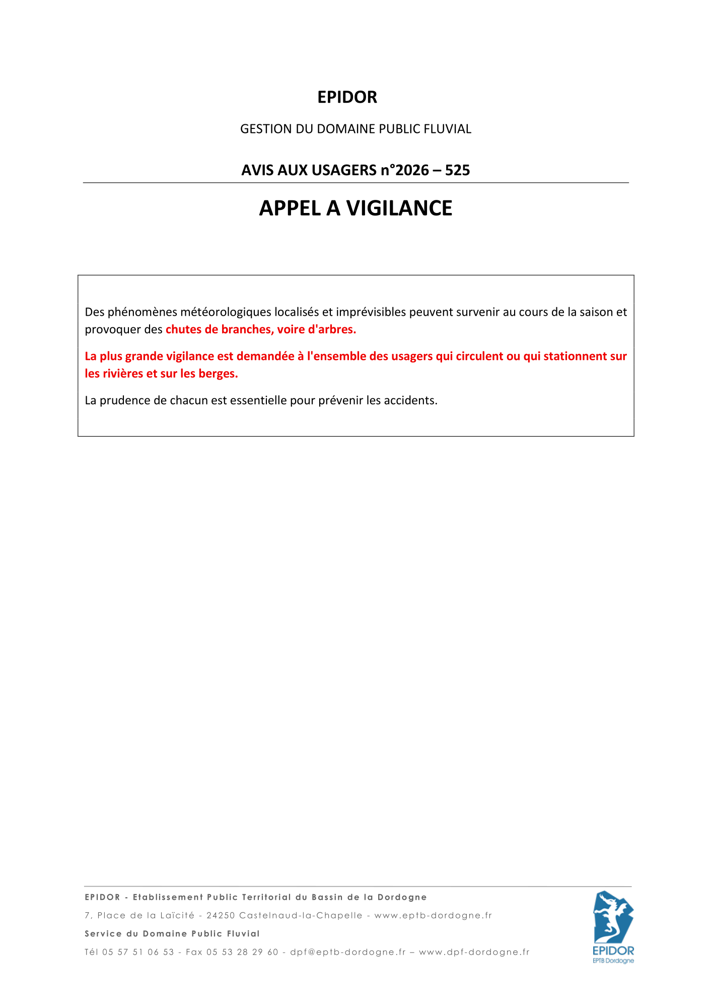 EPIDOR - Avis aux usagers