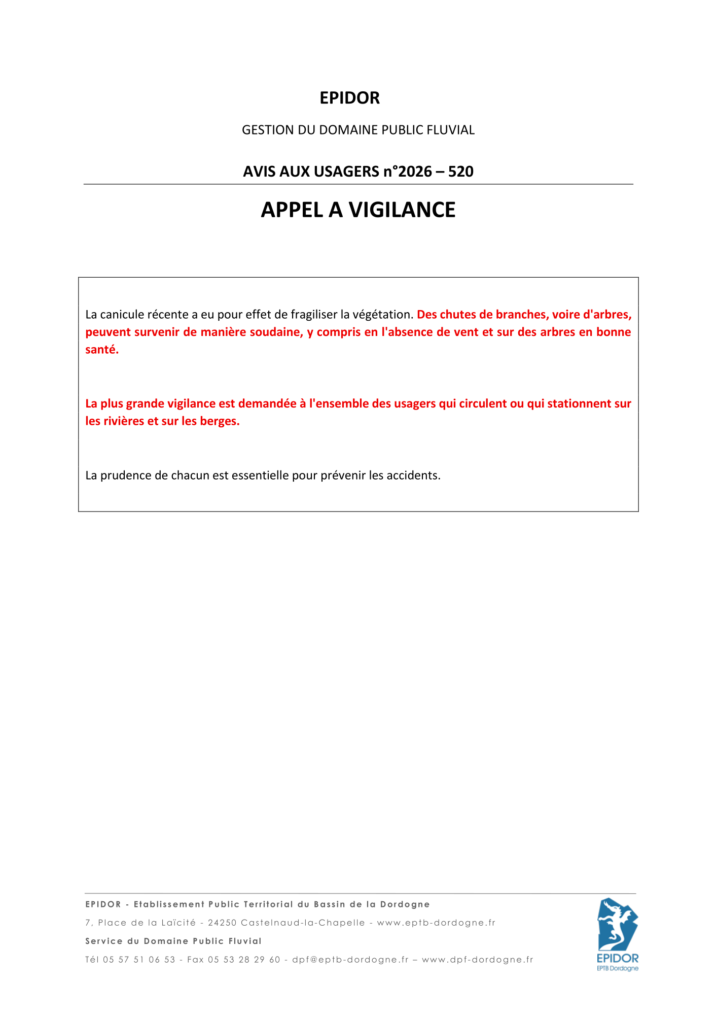 EPIDOR - Avis aux usagers